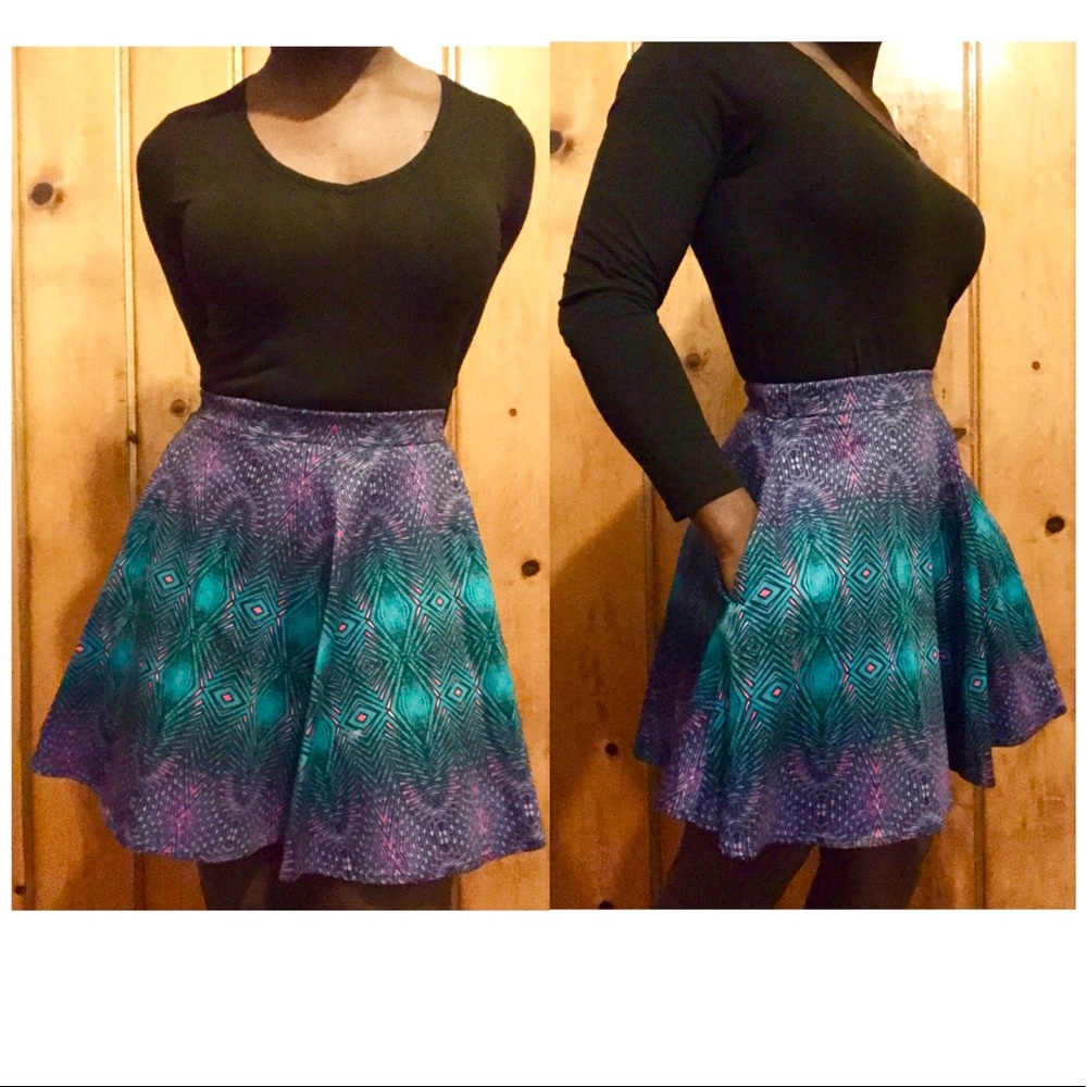 A-Line high waist skirt purple & teal peacock XS